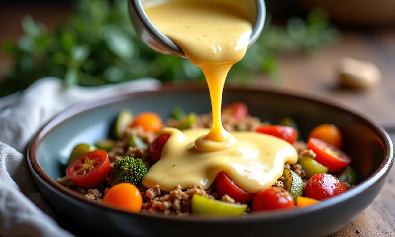 Molho branco vegano cremoso com castanhas de caju e levedura nutricional sobre vegetais assados.