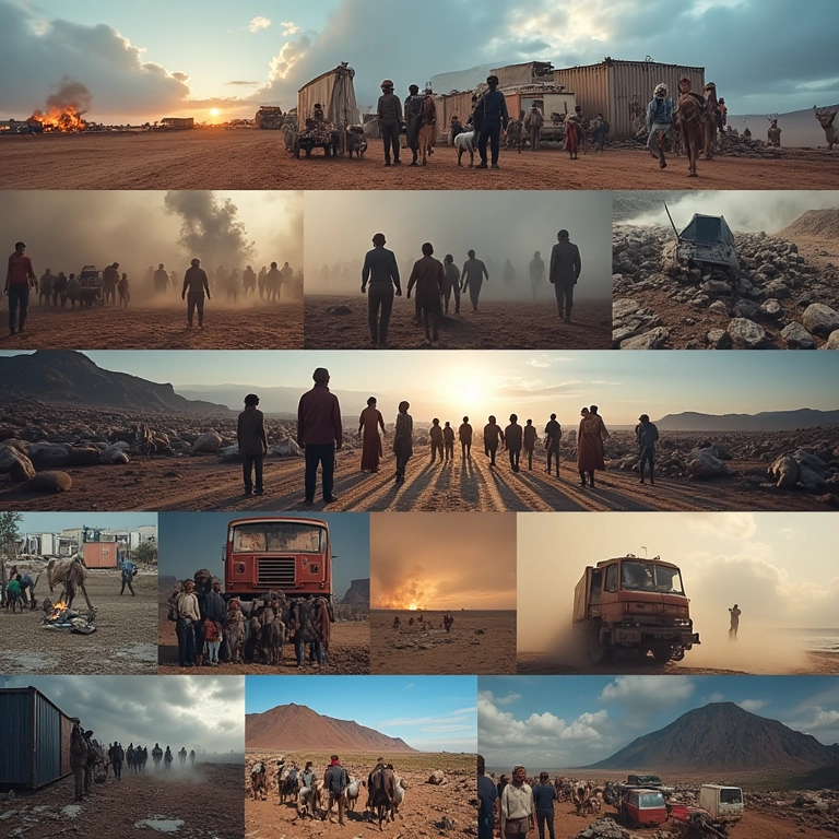 Montagem de imagens mostrando causas da migração: dificuldades econômicas, instabilidade política e desastres ambientais.