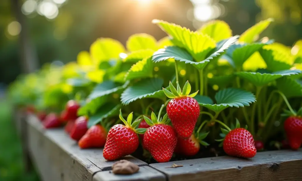Como Plantar Morangos em Canteiros Para uma Colheita Farta Morangos maduros crescendo em um canteiro exuberante.