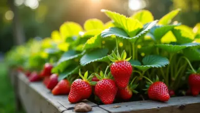 Morangos maduros crescendo em um canteiro exuberante.
