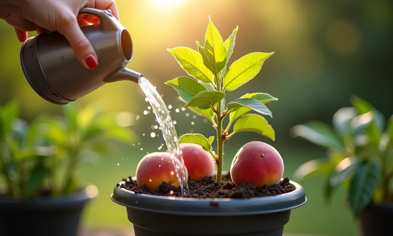 Muda de pêssego recebendo cuidados essenciais.