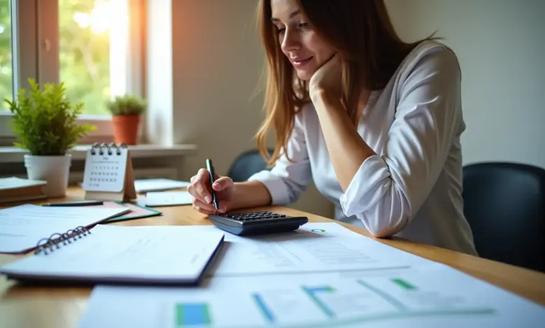 Mulher analisando cálculo de rescisão trabalhista em mesa ensolarada com decoração brasileira.