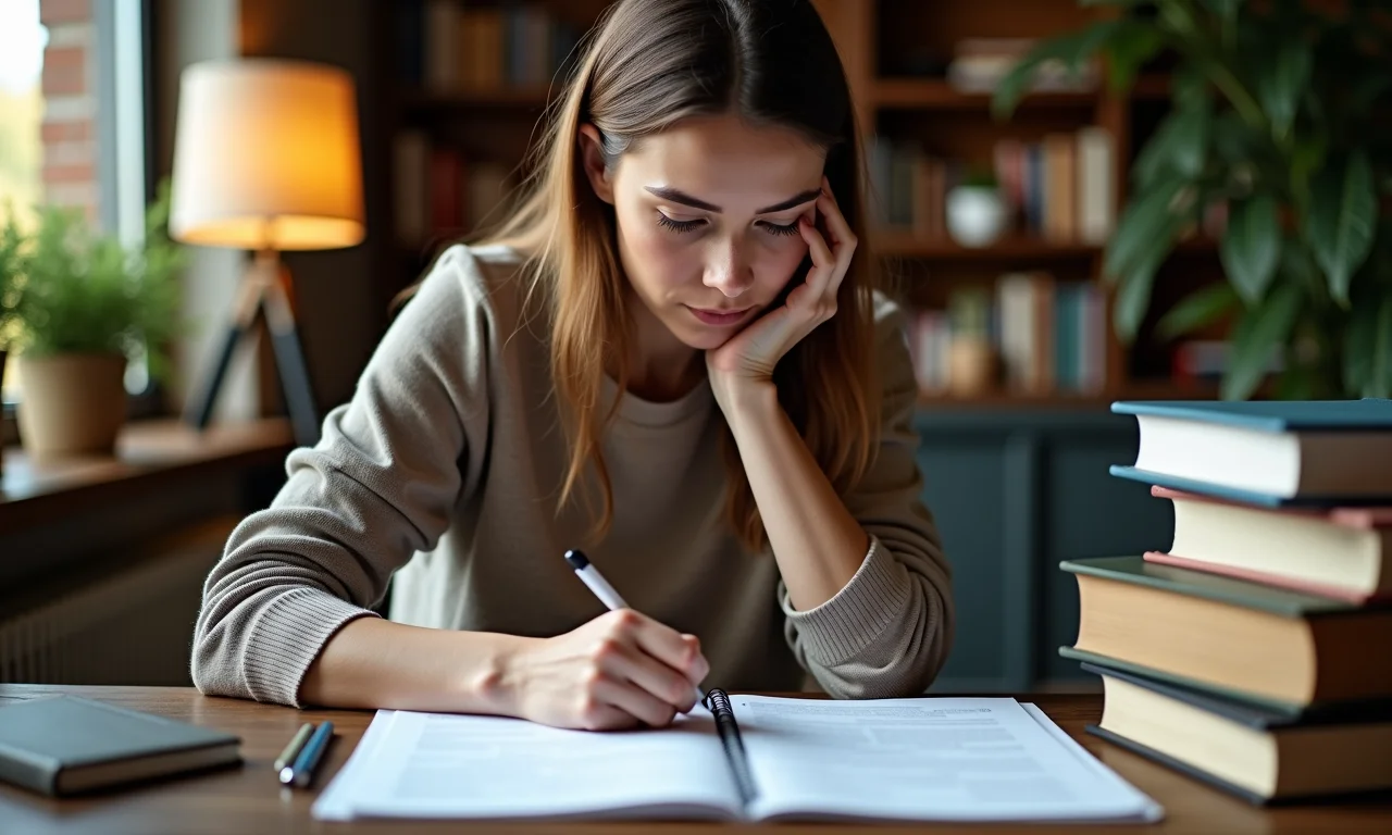 Mulher analisando documento com anotações, representando pesquisa qualitativa.