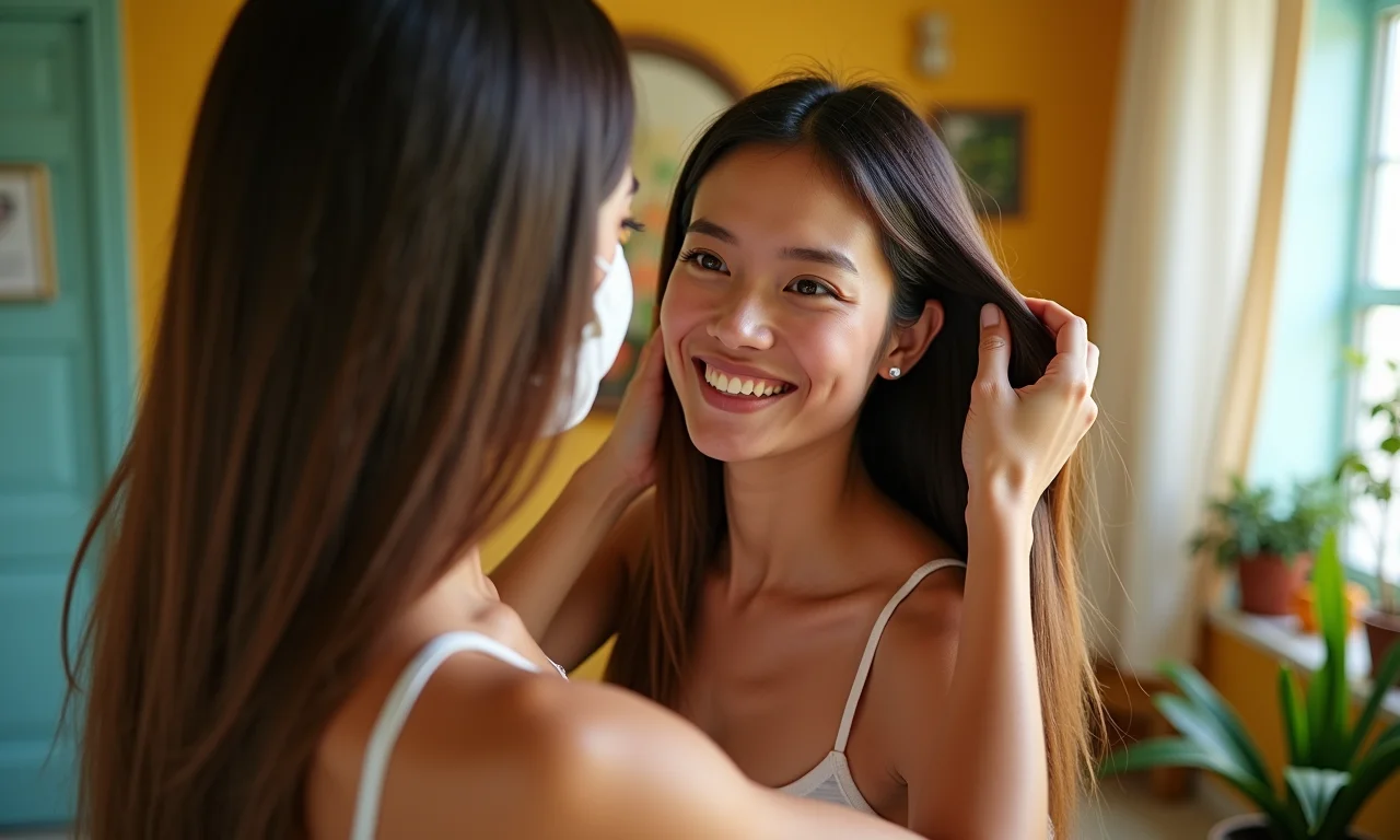 Mulher aplicando máscara capilar em casa após realizar progressiva, demonstrando os cuidados necessários.
