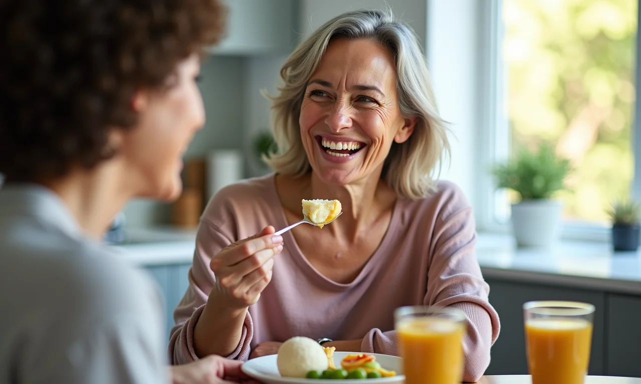Mulher aproveitando refeição após implante dentário.