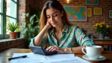 Mulher brasileira analisando documentos fiscais em escritório vibrante.