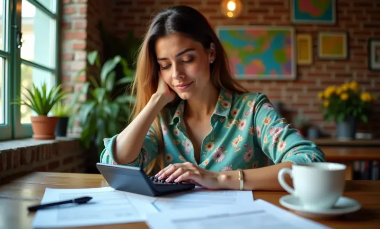 Mulher brasileira analisando documentos fiscais em escritório vibrante.