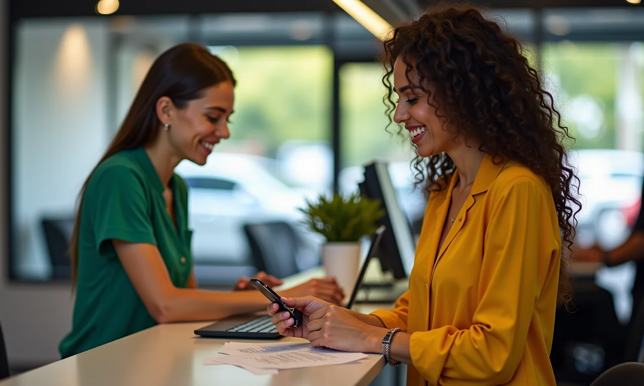 Mulher brasileira pagando IPVA em banco com chaves do carro.