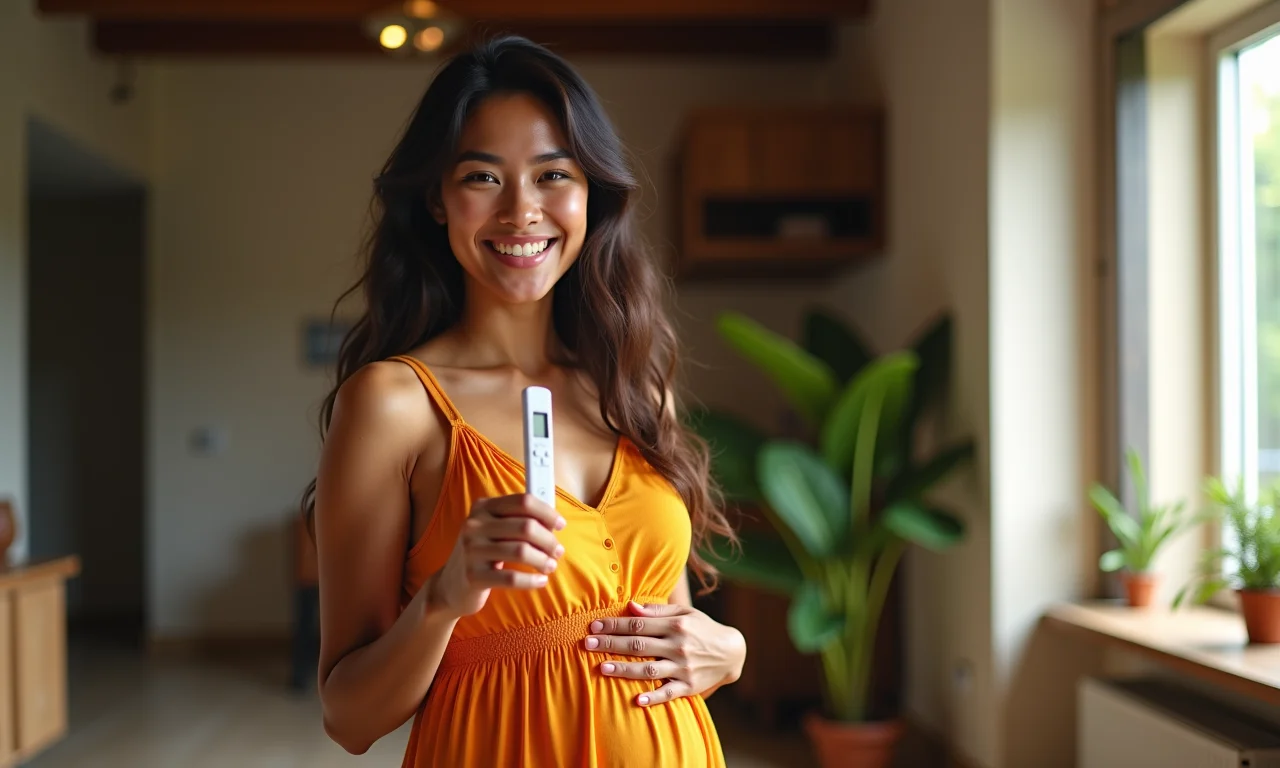 Mulher brasileira sorrindo ao ver o resultado positivo do teste de gravidez.