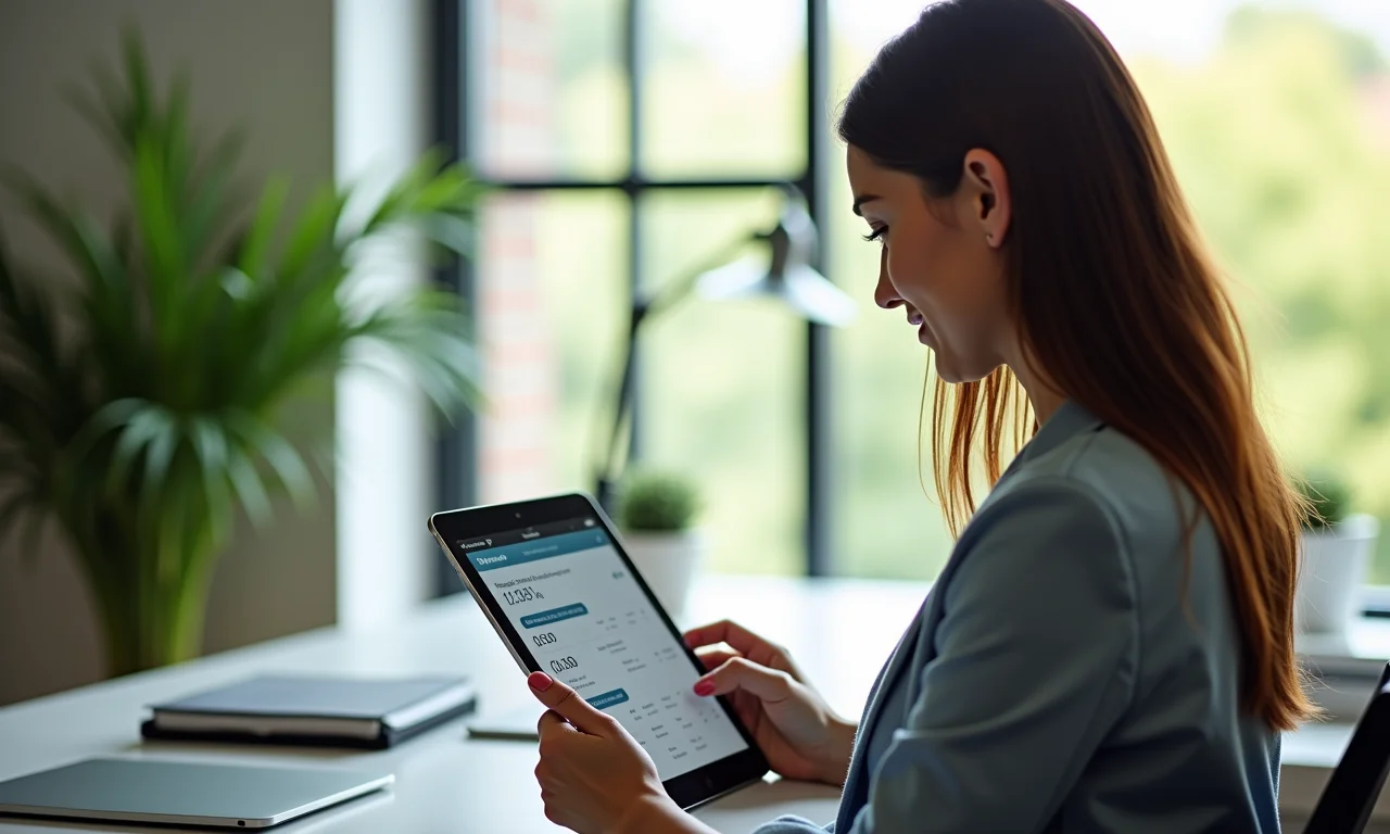 Mulher comparando opções de investimento em tablet com app financeiro.