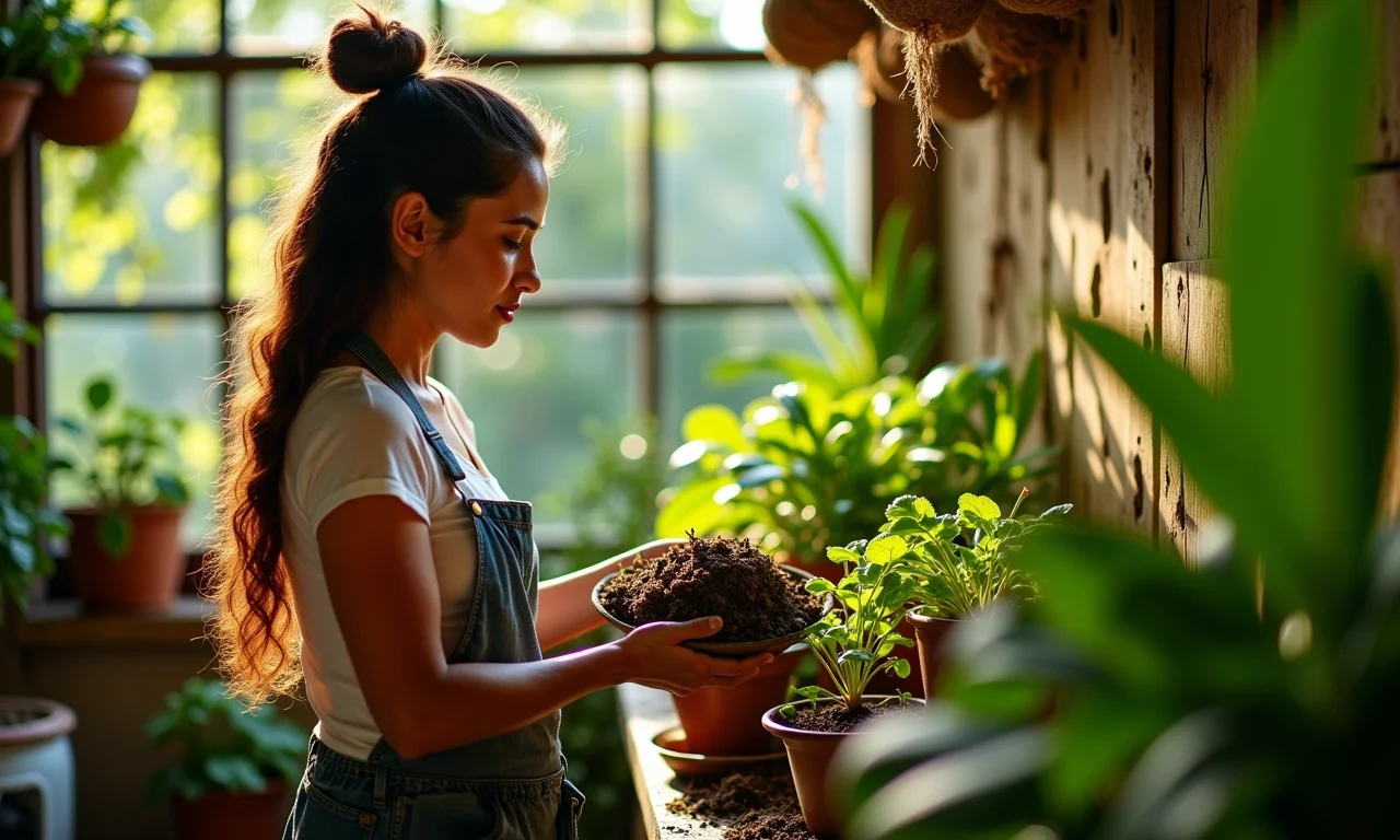 Mulher compostando restos de comida em jardim doméstico, reduzindo a pegada de carbono.