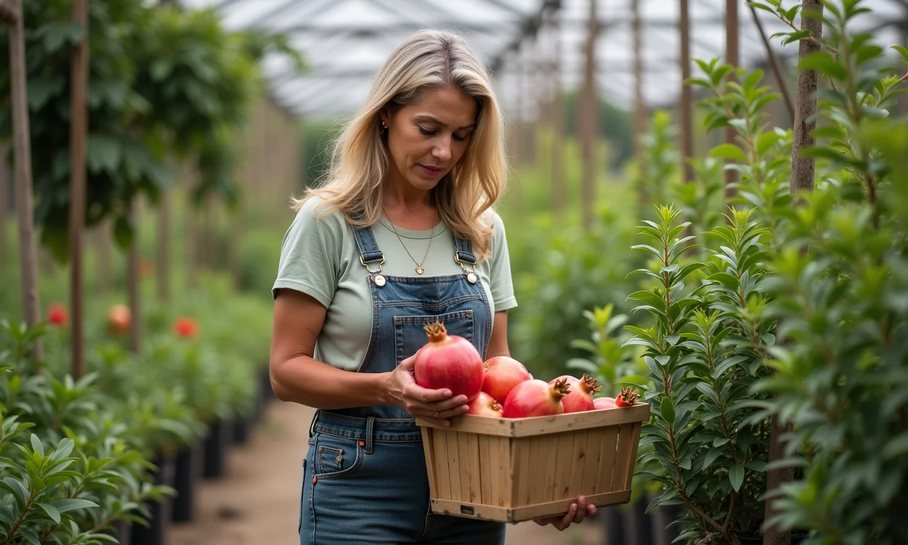 Mulher compra mudas de romã em um viveiro de plantas local.