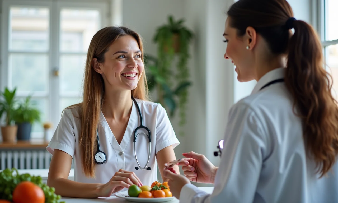 Mulher consultando nutricionista sobre dose ideal de ferro.