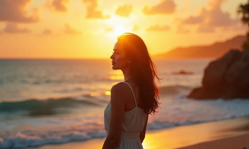 Como Superar o Fim de um Relacionamento de Forma Saudável Mulher contemplando o mar ao pôr do sol, representando a superação de um término.