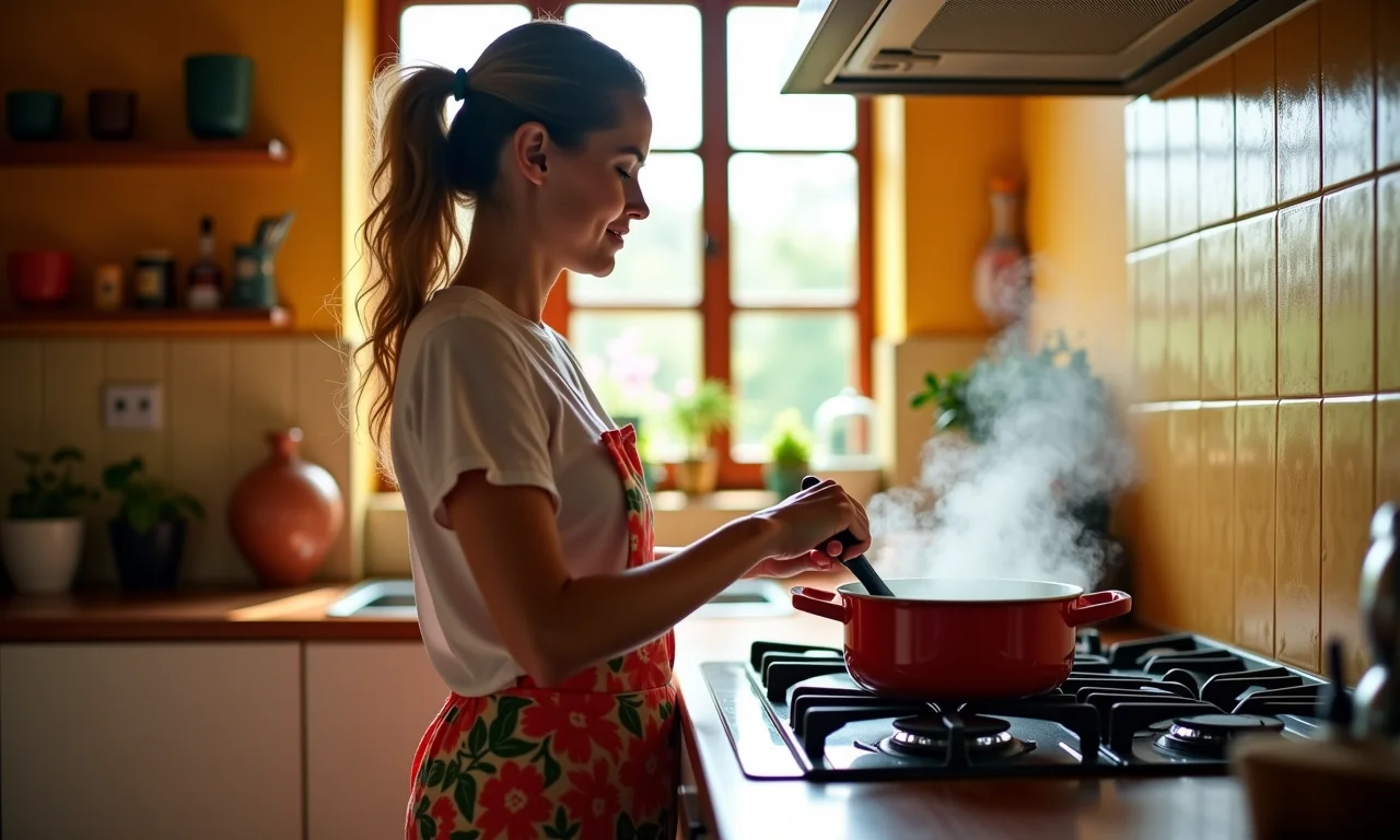 Mulher cozinhando em uma cozinha brasileira vibrante, vapor saindo da panela, representando o uso do calor na culinária.