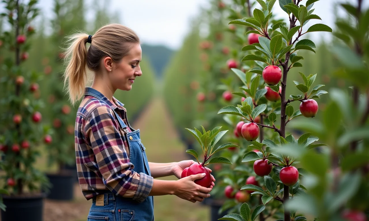 Mulher escolhendo mudas de maçã em viveiro.