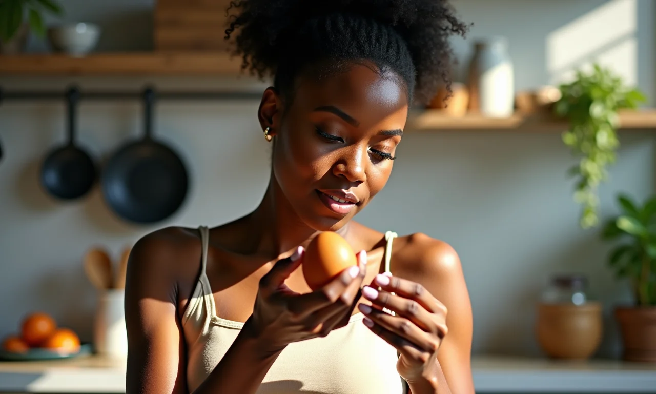 Mulher examinando um ovo marrom em uma cozinha ensolarada.