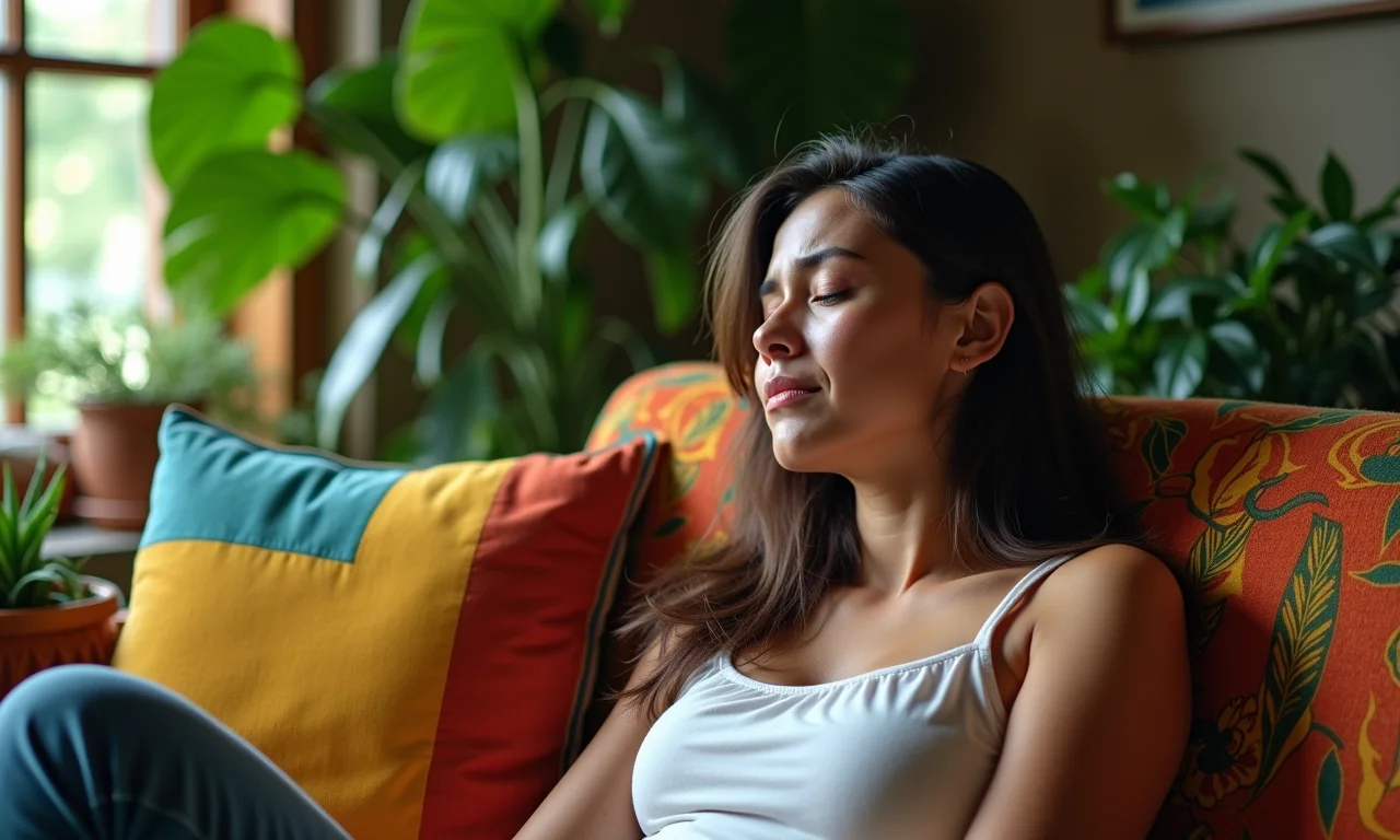 Mulher expressando tristeza após o término de um relacionamento em um ambiente acolhedor.