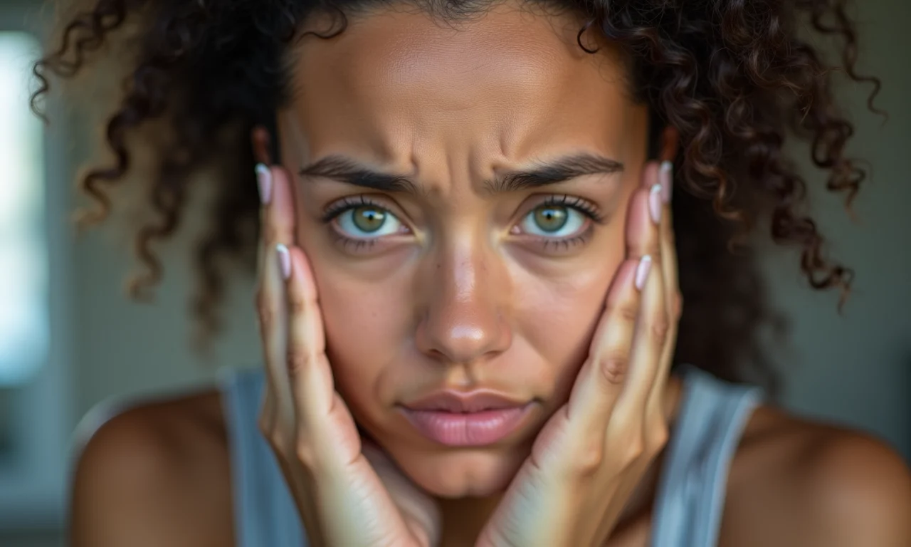 Mulher frustrada com peruca desconfortável e com aparência artificial.