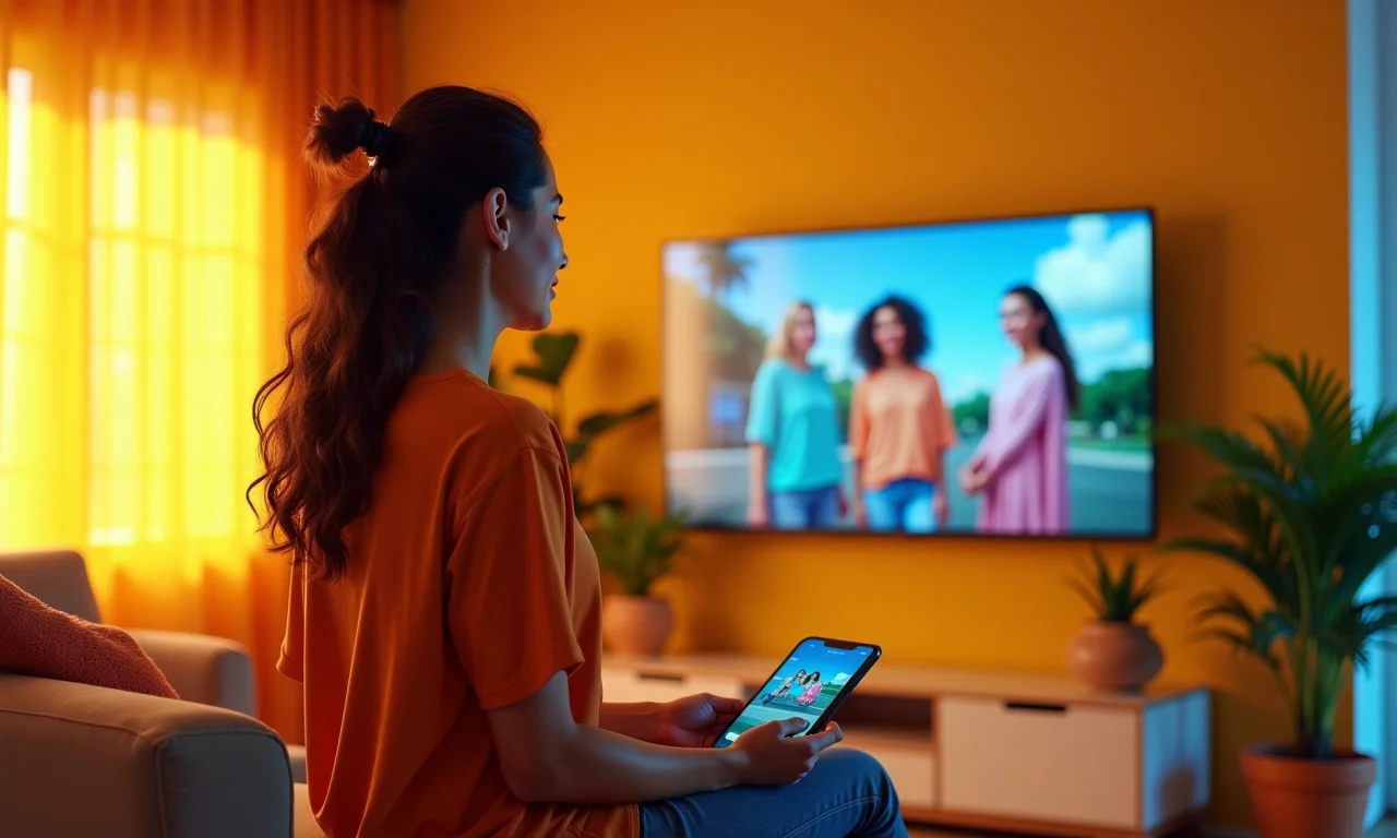 Mulher imersa em experiência de compra virtual na TV em sala vibrante.