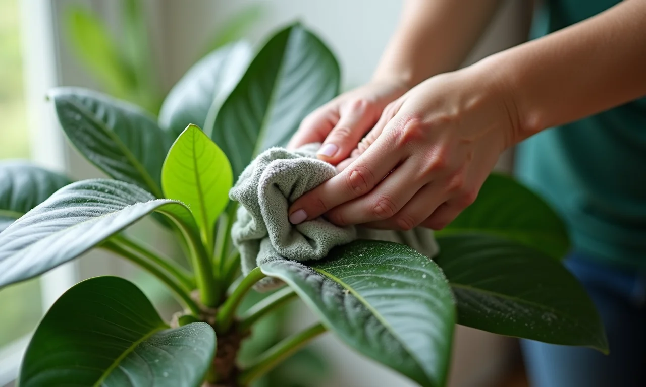Mulher limpando folhas de Zamioculca com pano.