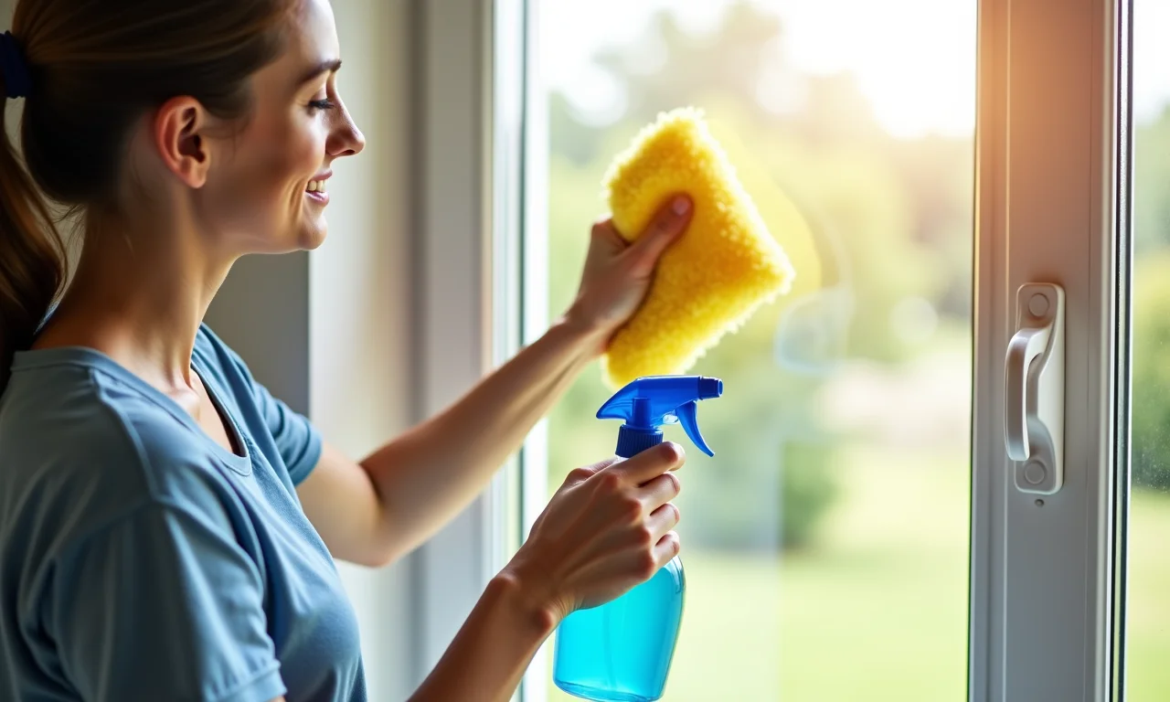 Mulher limpando janela de PVC com spray e pano de microfibra.