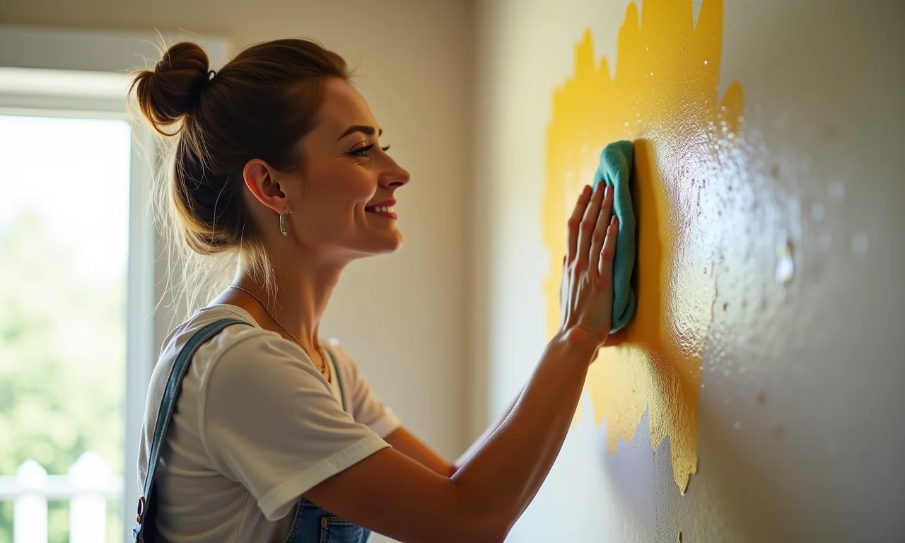 Mulher limpando parede com tinta lavável em ambiente decorado com estilo Farm Rio.