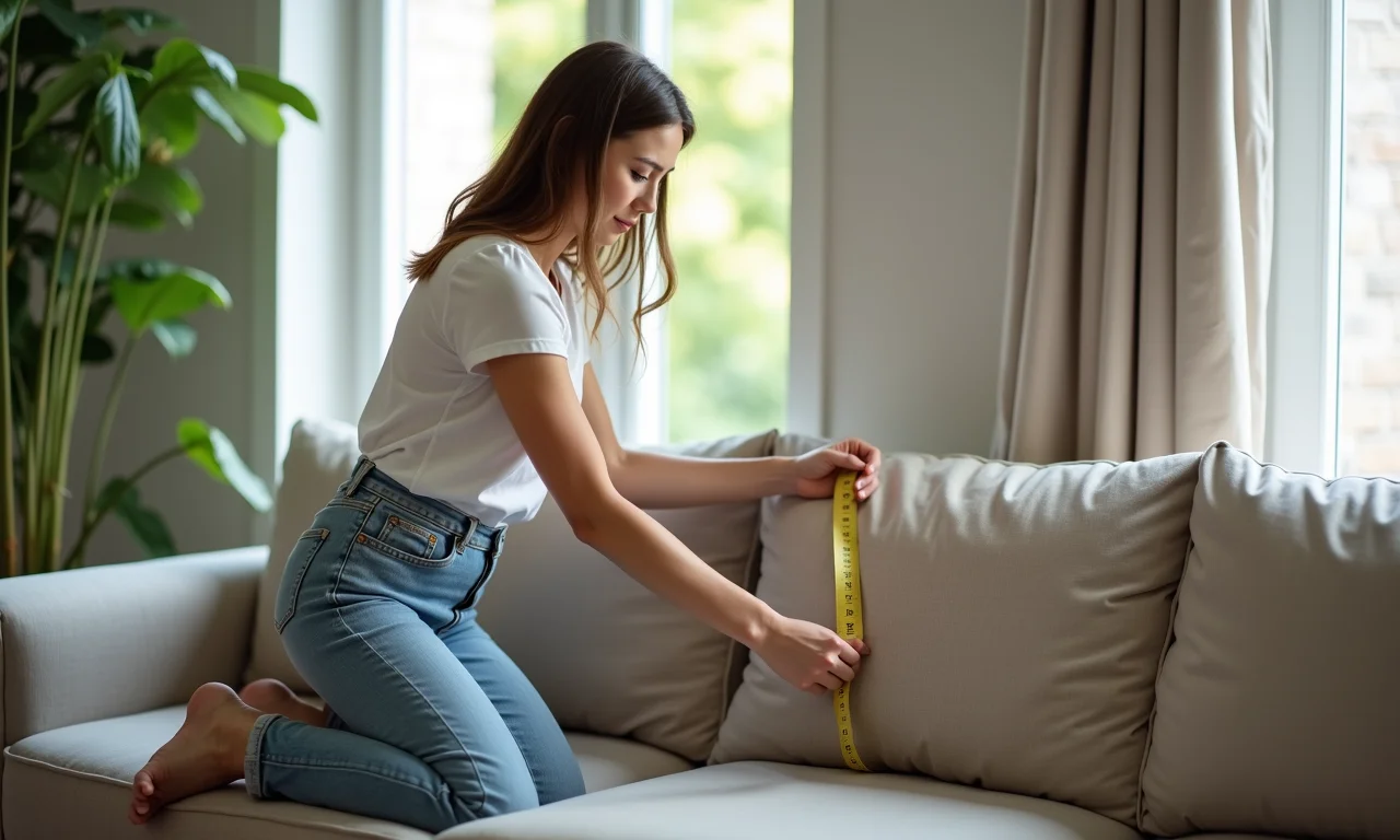 Mulher medindo a largura e o comprimento de um sofá.