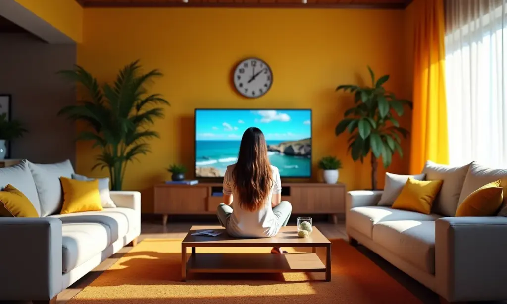 Mulher navegando em loja virtual na TV em sala de estar vibrante.