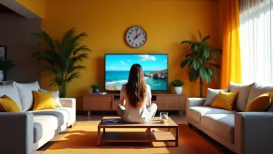 Mulher navegando em loja virtual na TV em sala de estar vibrante.