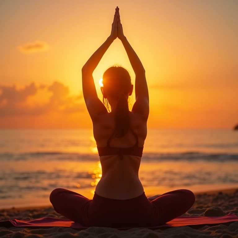 Mulher praticando yoga na praia ao nascer do sol, representando saúde física e mental.