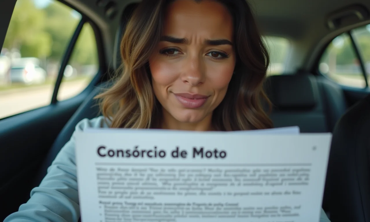 Mulher preocupada analisando as desvantagens do consórcio de moto.