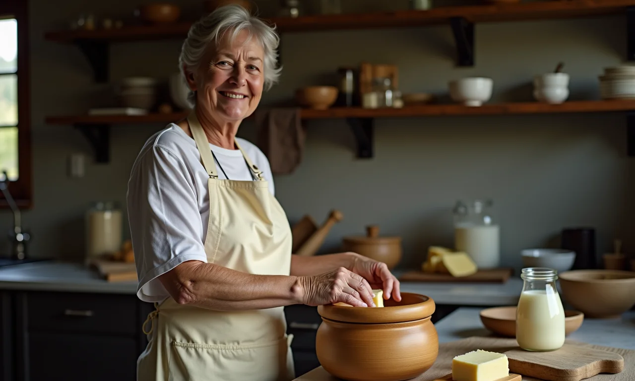 Mulher preparando manteiga artesanalmente em cozinha rústica.