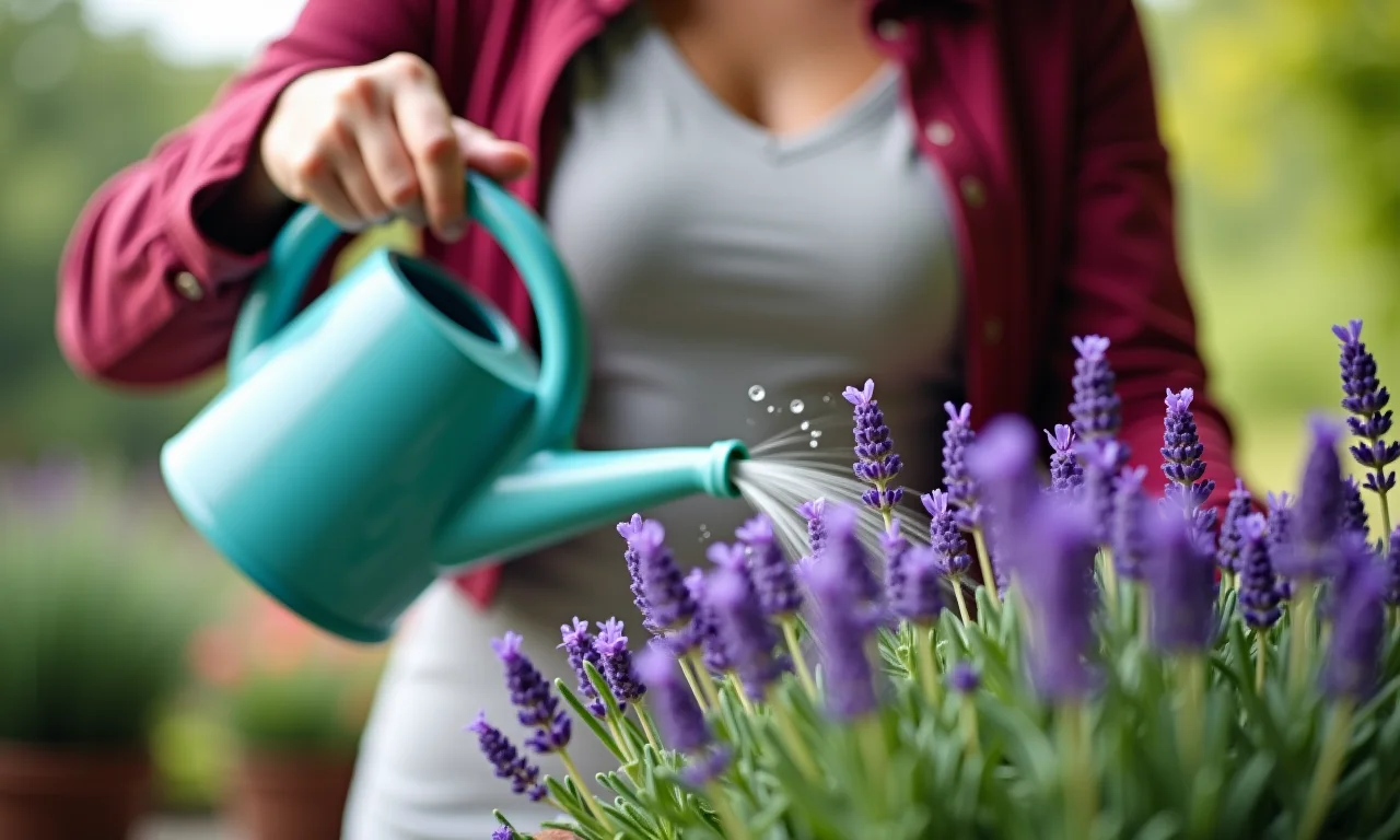 Mulher regando delicadamente lavanda em vaso com regador.