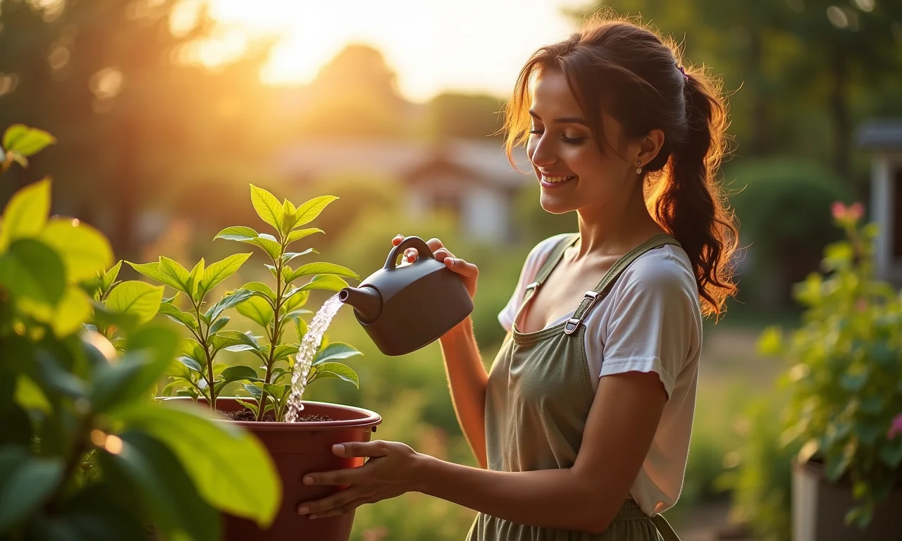 Mulher regando planta de chia em jardim ensolarado.