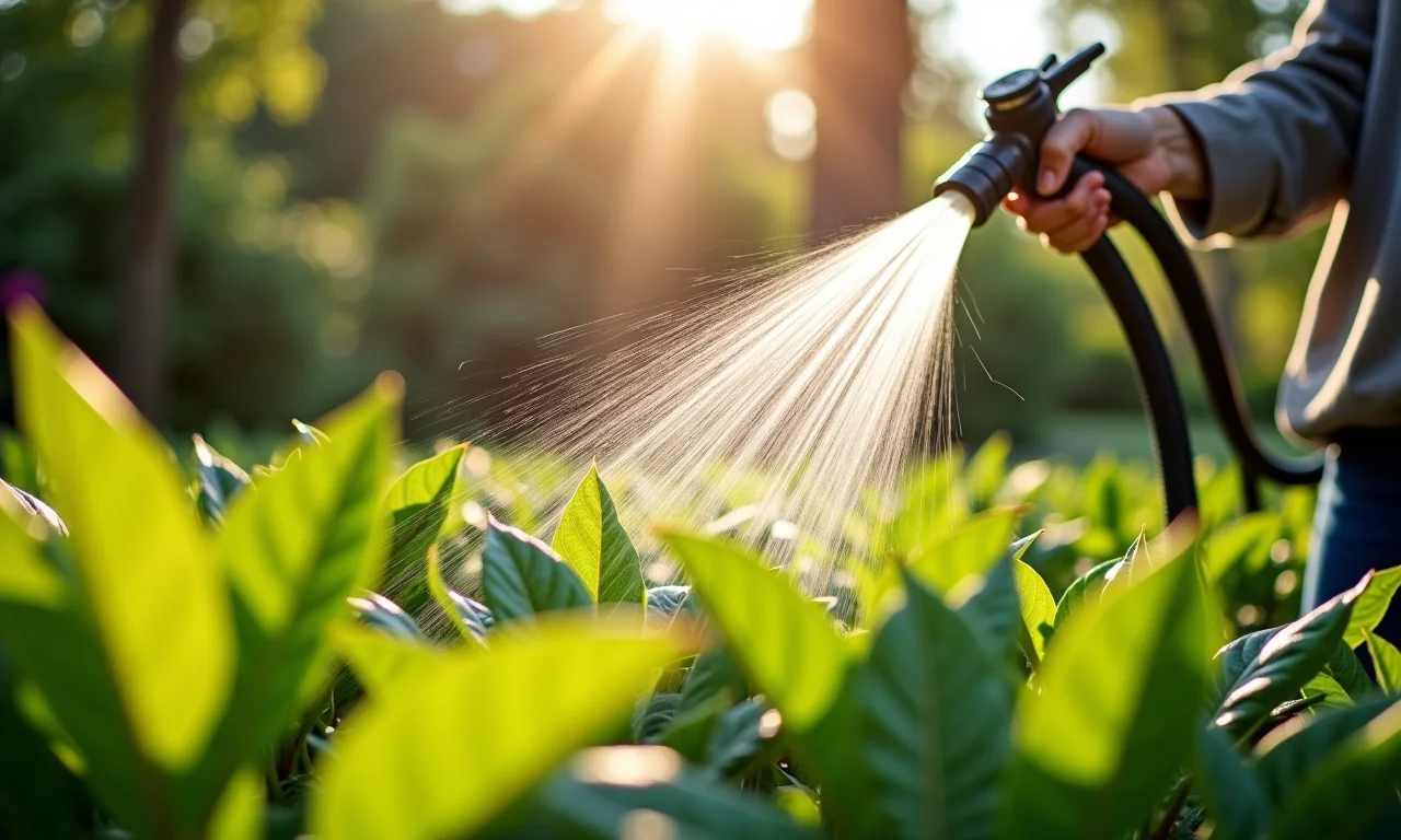 Mulher regando plantas de jambu no jardim.