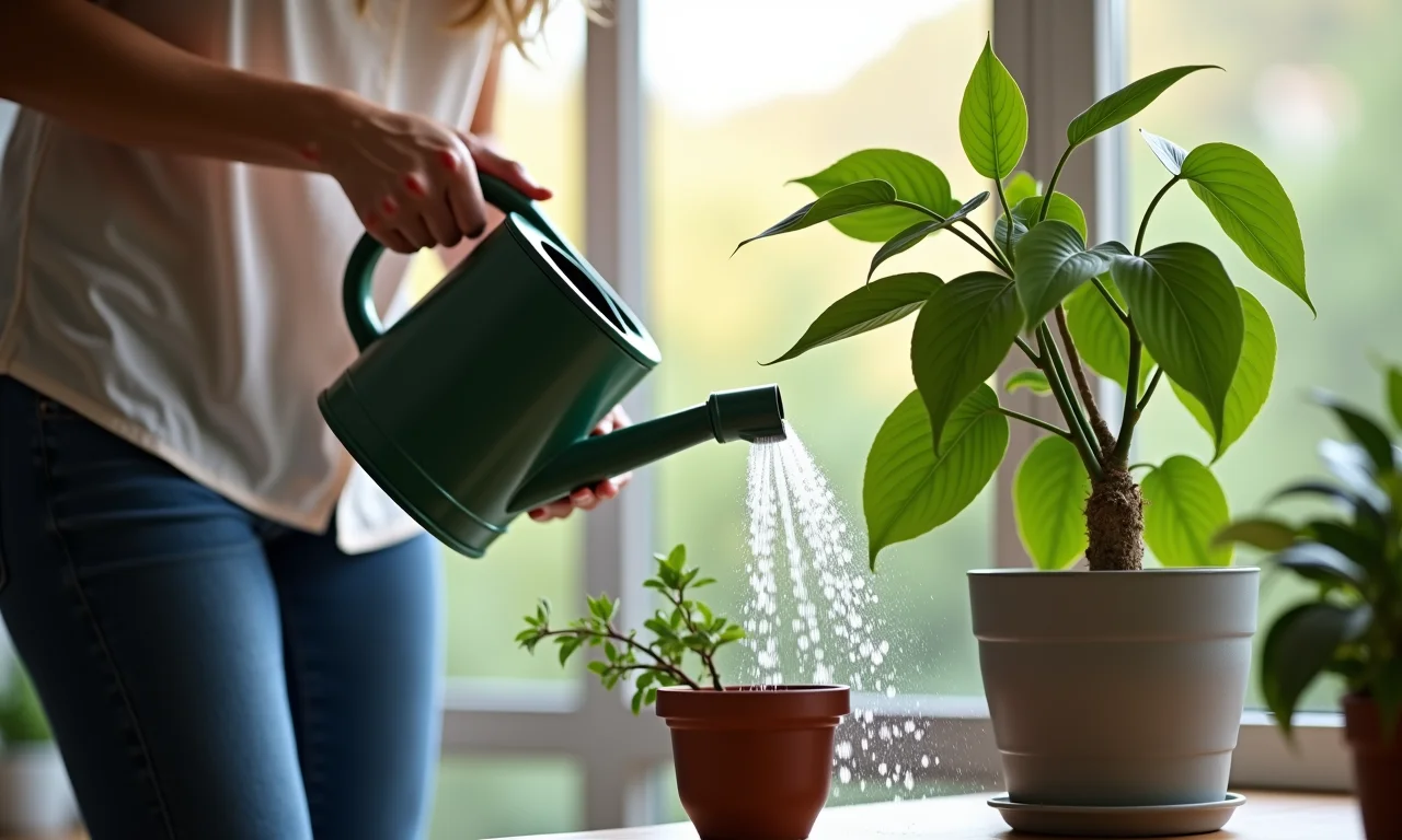 Mulher regando Zamioculca com regador.