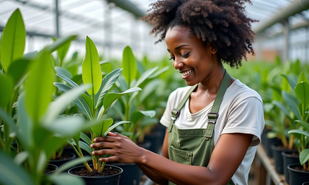Mulher selecionando mudas de baunilha em uma estufa, com representação diversa.