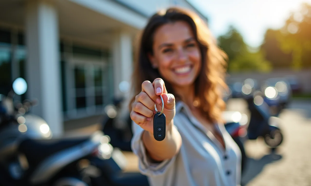 Mulher sorrindo com as chaves de sua nova moto financiada por consórcio.