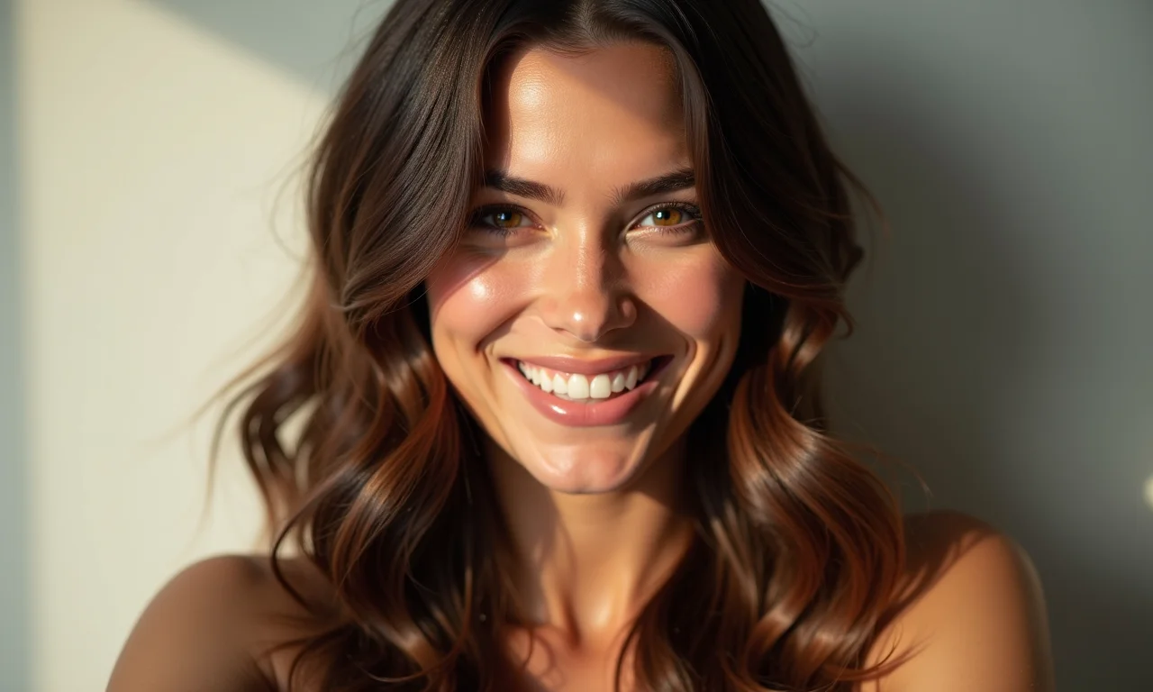 Mulher sorrindo com cabelos brilhantes e tonalizados, mostrando as vantagens do tonalizante.