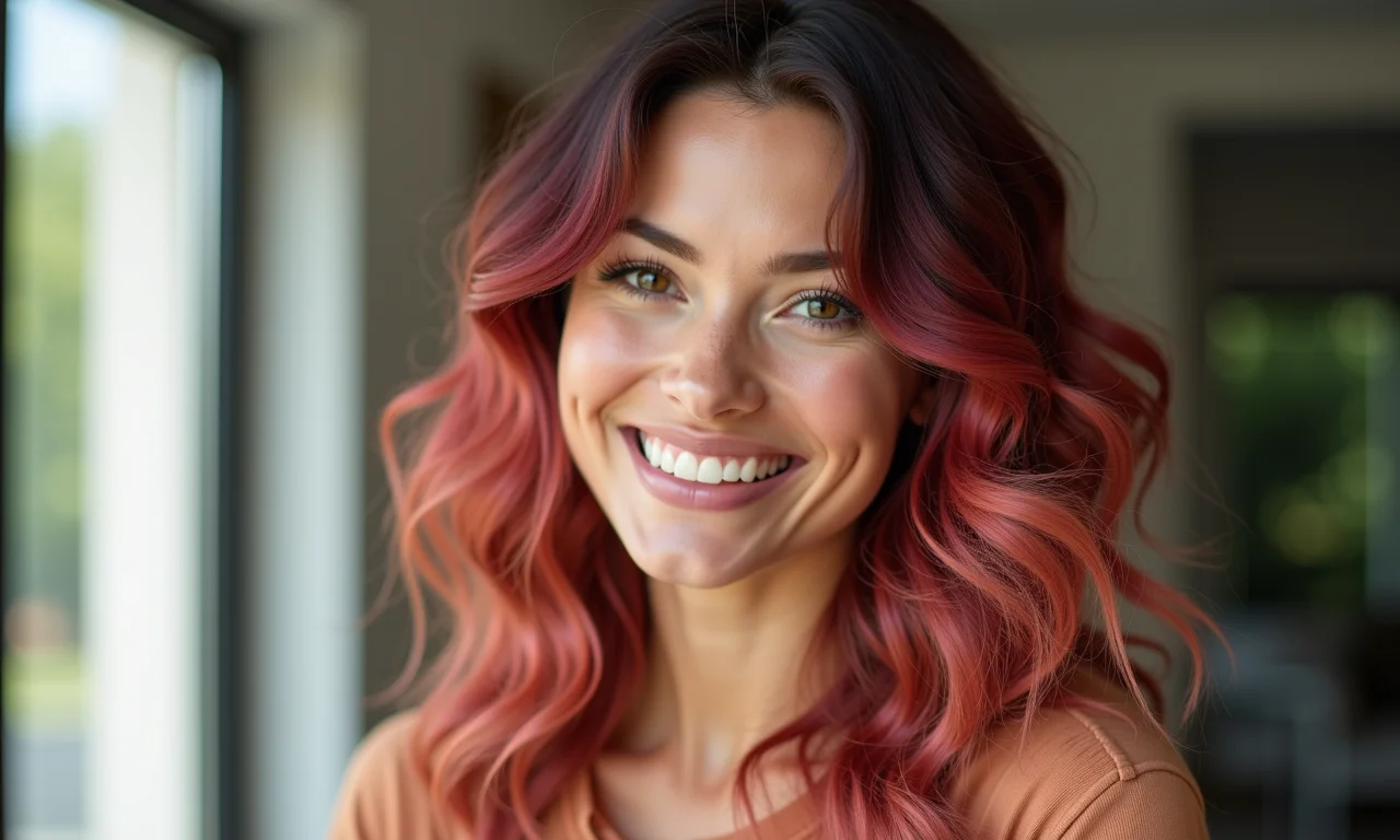 Mulher sorrindo com cabelos vibrantes e coloridos, demonstrando as vantagens da coloração.