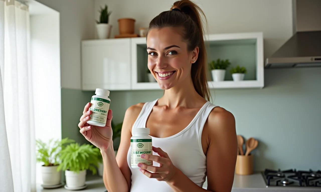 Mulher sorrindo com suplemento de betaína para saúde.