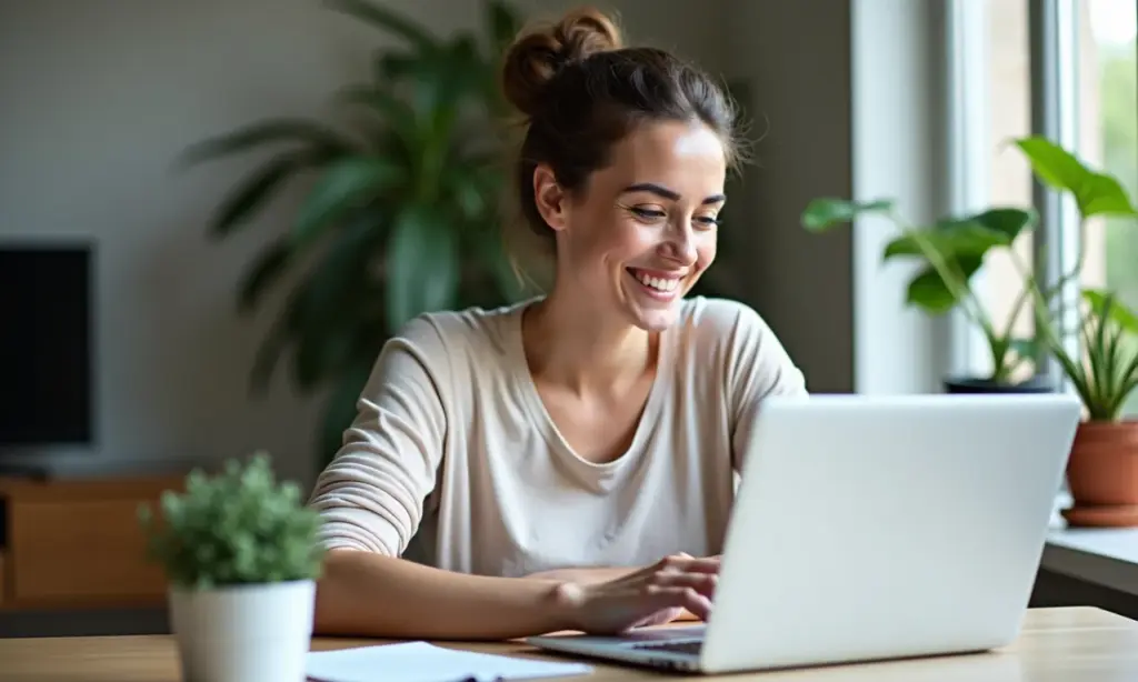 Mulher sorrindo cria planilha de estudos no Google Sheets.