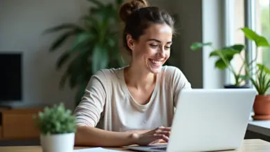 Mulher sorrindo cria planilha de estudos no Google Sheets.