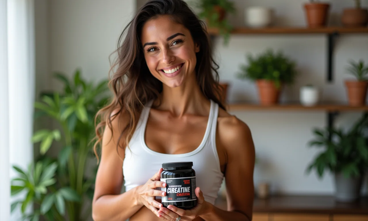Mulher sorrindo e segurando creatina, destacando os benefícios para a saúde e bem-estar.