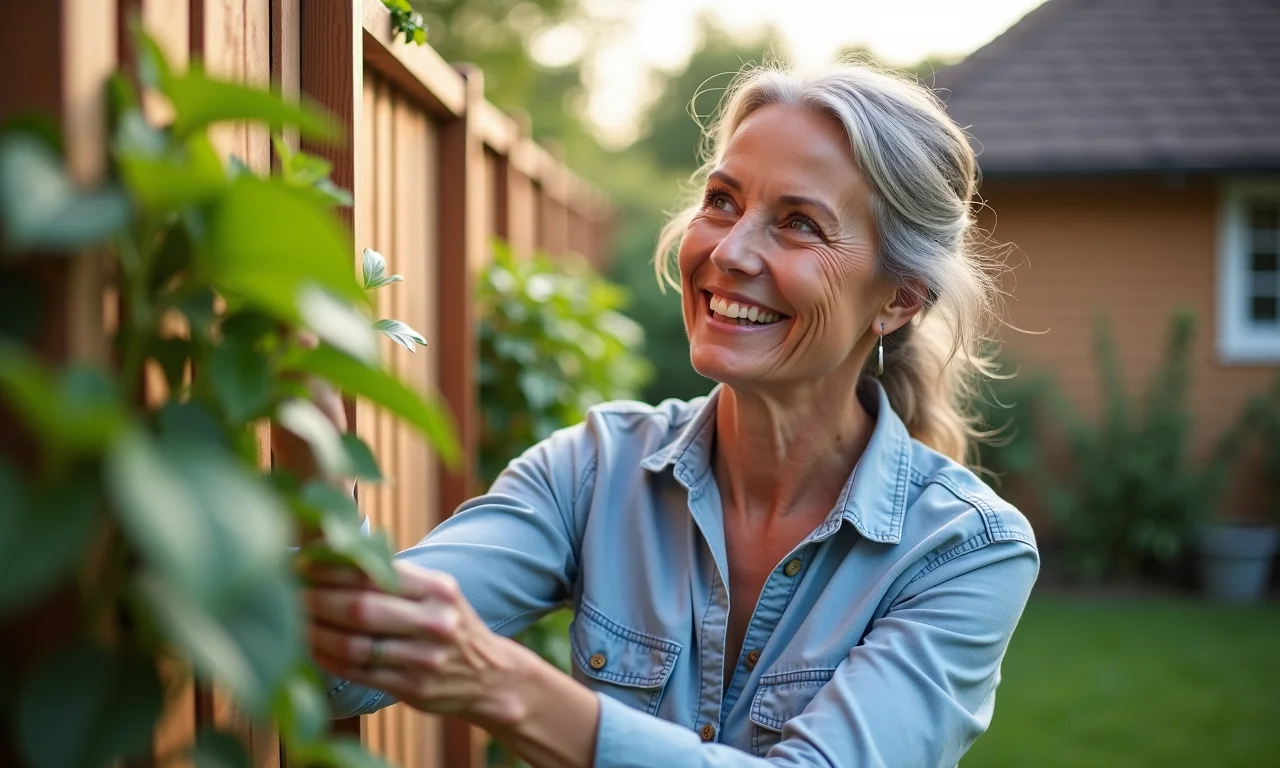 Mulher sorrindo enquanto examina uma cerca viva, considerando a escolha.
