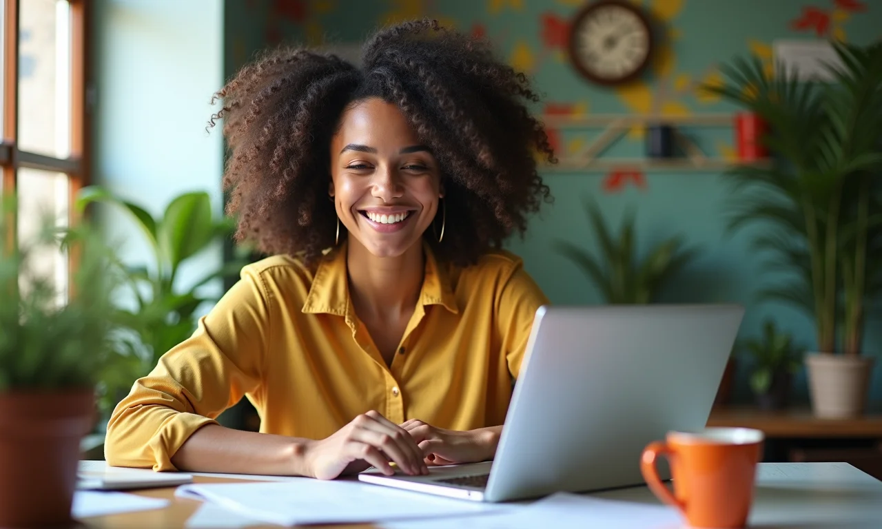 Mulher sorrindo enquanto formata datas em planilha.