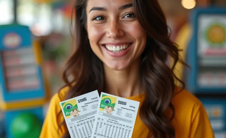 Mulher sorrindo segurando bilhetes de rifa em ambiente festivo e colorido.