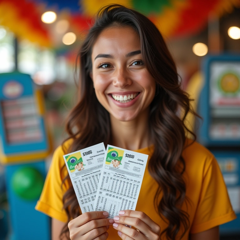 Qual A Diferença Entre Rifa E Sorteio? Mulher sorrindo segurando bilhetes de rifa em ambiente festivo e colorido.