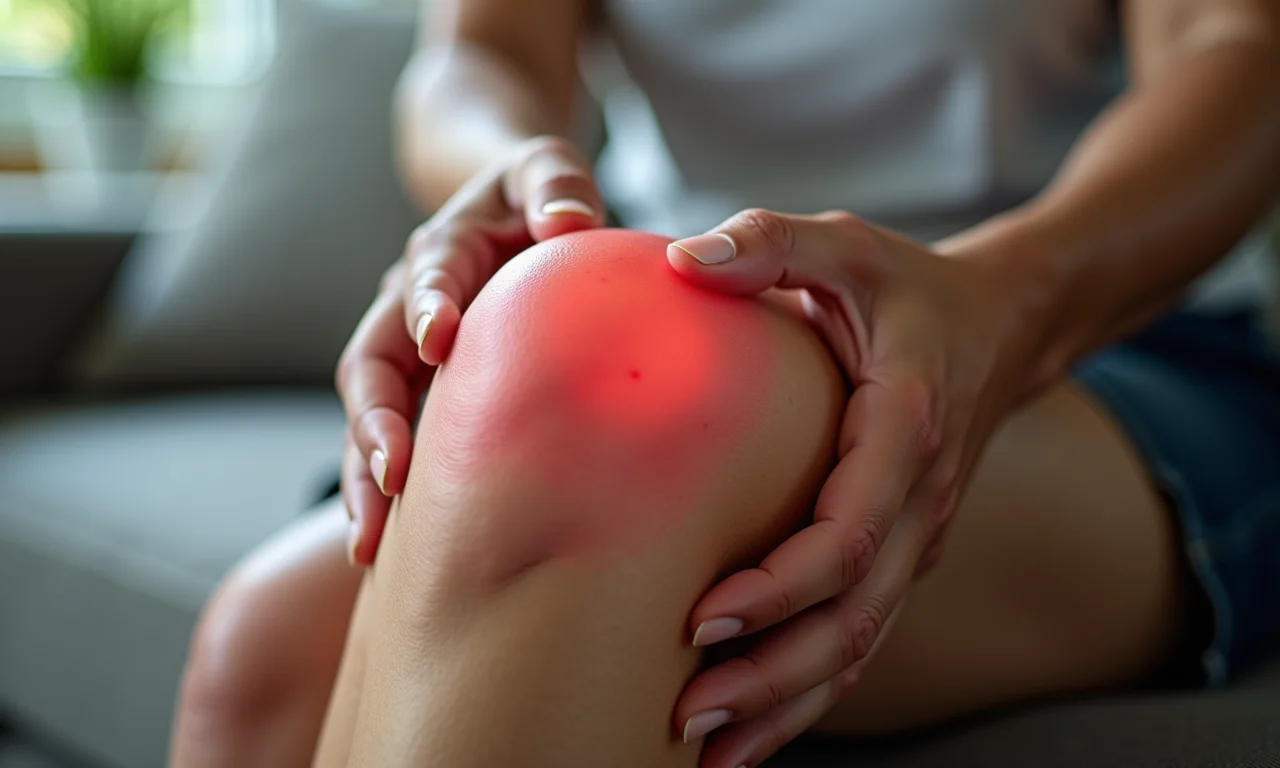 Mulher tocando o joelho inchado e avermelhado, demonstrando um dos sinais clássicos da inflamação aguda.